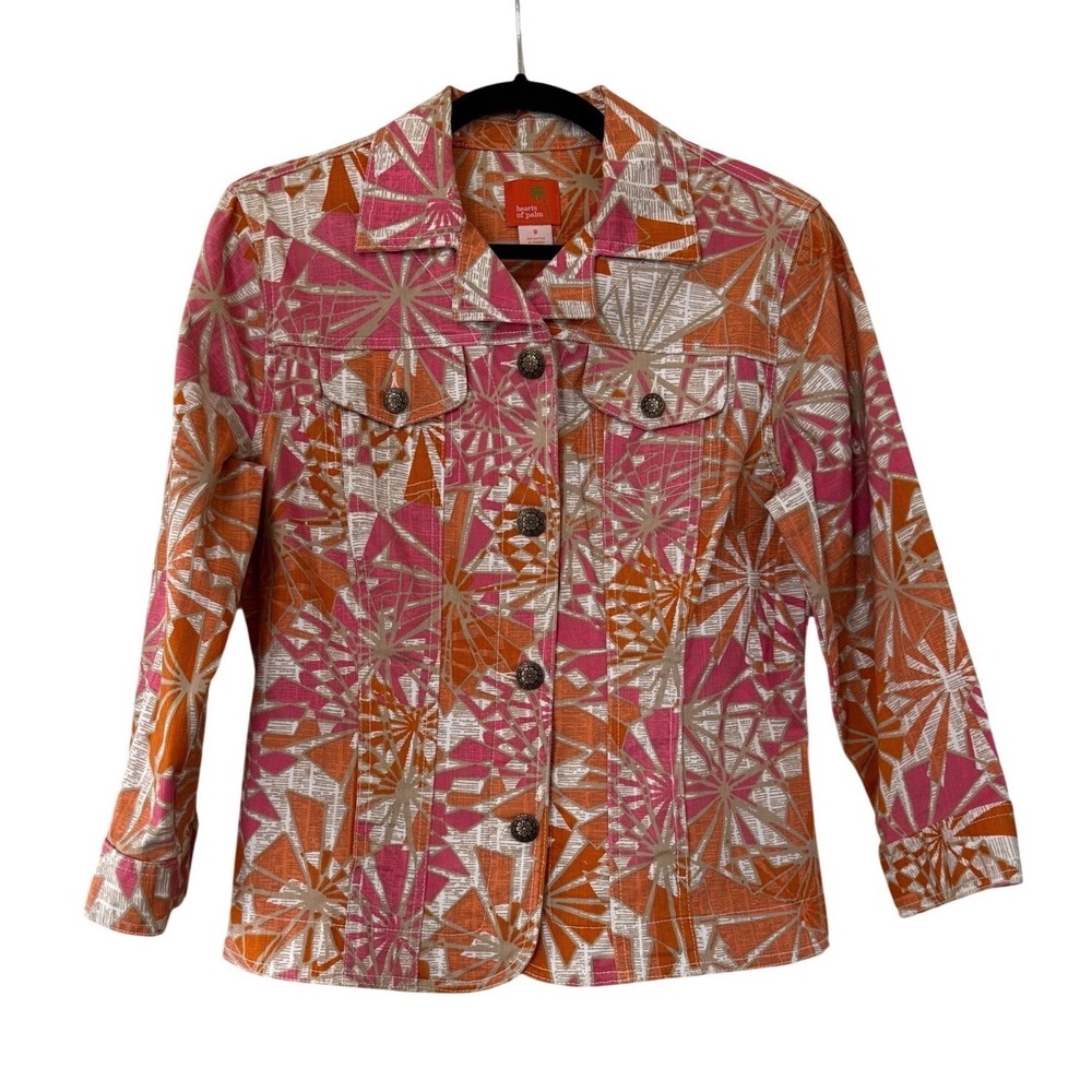 Hearts of Palm Womens Orange Pink Geometric Sunburst Button Up Jacket Size 8